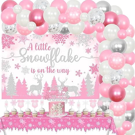 Snowflake Baby Shower Decorations, A Little Snowflake Is On The Way Backdrop Cake Topper Balloon Garland Arch Kit Tablecloth Pink for Girls Winter Baby Shower Party Supplies