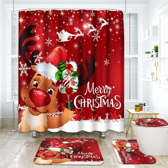 Snowflake Ball Bathroom Sets with Shower Curtain and Rugs and Accessories, Christmas Red Snowman Shower Curtain Sets, Santa Claus Shower Curtains for Bathroom Decor 4 Pcs