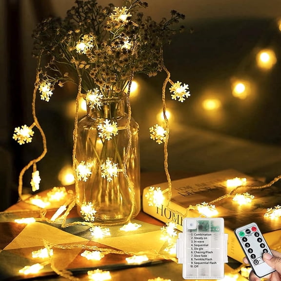 ArooickT Snowflake lights,23Ft 60LED String Lights Battery Powered,8 Modes Snowflake Lights Battery Indoor/Outdoor for Garden,Bedroom,Wedding,Birthday,Party,Christmas Decorations(Warm White)