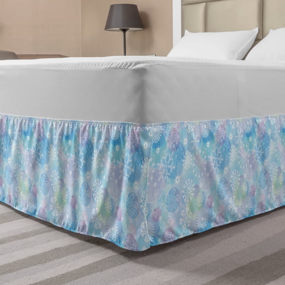 Snowflake Bed Skirt, Bokeh Style Background with Abstract Snowflake Pattern Winter Themed Composition, Elastic Bedskirt Dust Ruffle Wrap Around for Bedding Decor, 4 Sizes, Multicolor, by Ambesonne