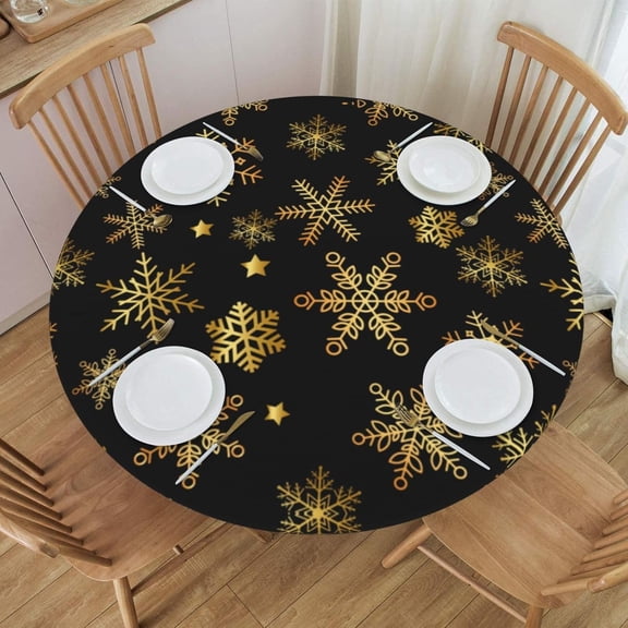 Snowflake Black Gold Round Tablecloth with Elastic Edge Table Cover Waterproof Reusable Table Cloth for Holiday Kitchen Party Patio,M(45"-50")