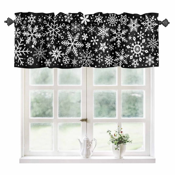 Snowflake Black Kitchen Valances for Windows 42x18 Inch Kitchen Curtains Valances Rod Pocket Christmas Winter Snowfall Xmas Holiday Bathroom Window Valances for Window Treatment Decor
