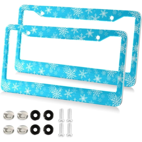 Snowflake Blue License Plate Frame - 2 Pack Universal Stainless Steel License Plate Holder with Screws & Chrome Caps, 2 Holes Car License Plate Cover for US Vehicles Decorative