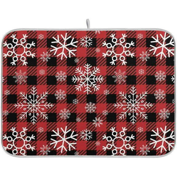 Snowflake Buffalo Plaid Dish Drying Mat for Kitchen Counter Christmas Absorbent Microfiber Drying Pad, Medium 16x18 in, Reversible Drainer Mats
