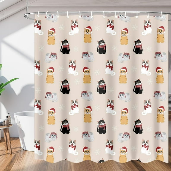 Snowflake Cartoon Cat Shower Curtain Fabric Shower Curtain Set with 12 Hooks Waterproof 72 * 72 Inches for Bathroom Beach Caravan Hotel