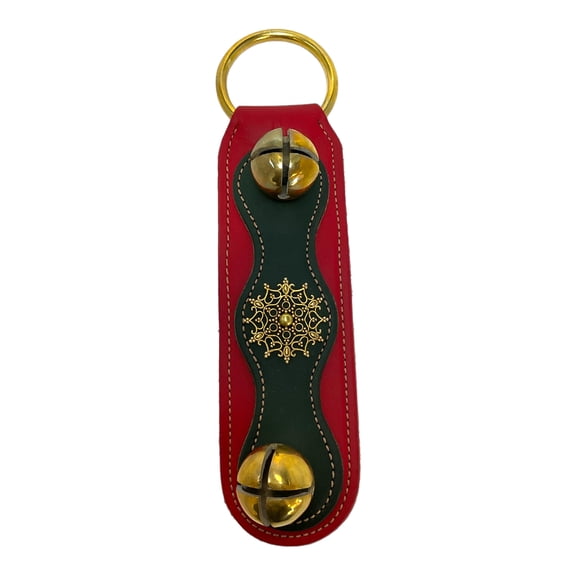 Snowflake Charm Red Green Natural Leather Strap Sleigh Bell Door Hanger Made USA