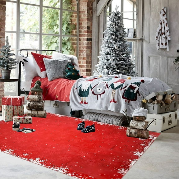 Snowflake Christmas Area Rugs, Living Room Rug Machine Washable Rugs Low Pile Carpet Indoor Door Mat Red/White Non-Slip Snowflake Holiday Decor Carpet Accent Print Indoor Rug for Kitchen Dining Room