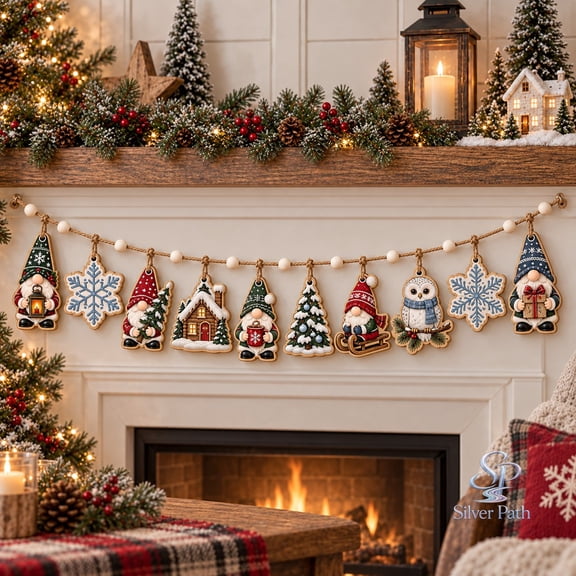 Snowflake Christmas Gnome Wooden Ornament Garland, Winter Mantel Hanging for Holiday Hosts