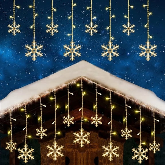 Snowflake Christmas Icicle Lights - 12Ft 156 LED 12 Drops Warm White String Lights, Curtain Fairy Lights for Indoor Eaves Window Porch Tree Holiday Decor