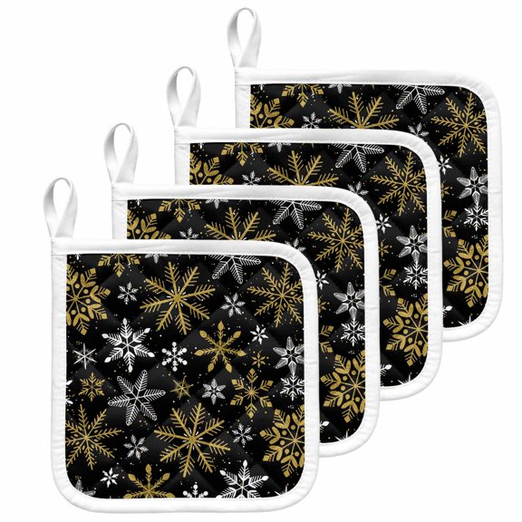 Snowflake Christmas Pot Holders for Kitchen Heat Insulation Potholder, Winter Xmas Snow Simple Black Kitchen Pot Holders Sets Washable Oven Hot Pads Cloth Trivet for Cooking Baking 4 Pack