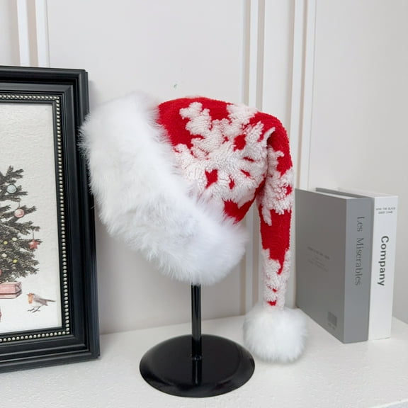 Snowflake Christmas Santa Claus Hat with Faux Fur,Unisex Classic Holiday Plush Furry Christmas Hat Headwear Accessories