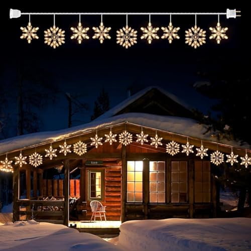 Snowflake Christmas String Lights with 9 Drops - 13ft 150 Mini Bulb Icicle Lights with Clips, Plug-in Connectable Hanging Lights for Front Porch House Tree Decor Holiday Décor