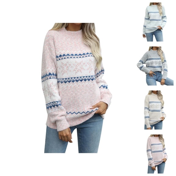 Snowflake Christmas Sweaters for Women 2025 Long Sleeve Neck Xmas Knitted Pullover Sweater Jumper Tops
