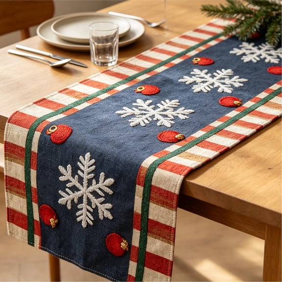 Snowflake Christmas Table Runner Plaid Edge Winter Table Flag For Dining Table, Buffet Table & Christmas Party Decor(72.05*12.99 in)