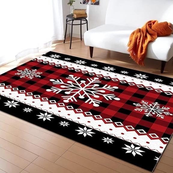 Snowflake Christmas Themed Decoration Area Rugs, Red And Black Plaid Indoor Non-Slip Kids Rugs, Machine Washable Breathable Durable Carpet For Living Room Bedroom Dining Room 3x4ft