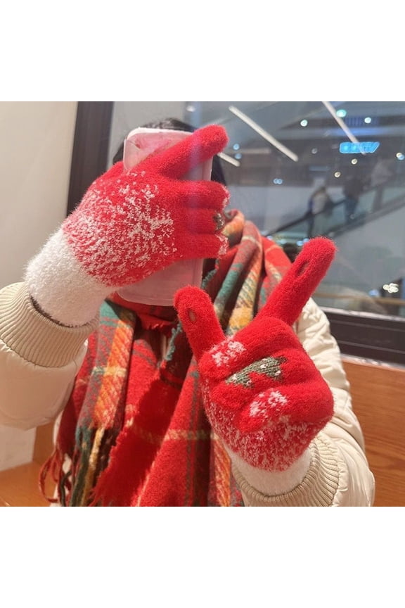 Snowflake Christmas Tree Gloves, Winter Padded Knitted Plush Gloves for Cold Weather, Holiday Stocking Stuffer Or Secret Santa Gift, Warm Riding and Walking Gloves for Indoor and Outdoor Sopatenor