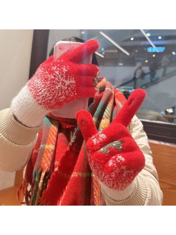 Snowflake Christmas Tree Knit Gloves - Thickened Plush Touchscreen Gloves for Winter Walking & Cycling