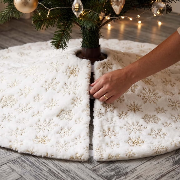 Snowflake Christmas Tree Skirt 30 Inch Furry Fabric Xmas Tree Base Cover for Holiday Home Decor and Party Supplies