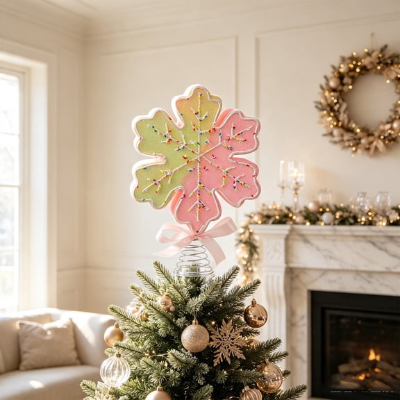 Snowflake Christmas Tree Topper, Glitter Beaded Star Tree Top Ornament with Satin Bow and Metal Spring Base for Candy Holiday Decor