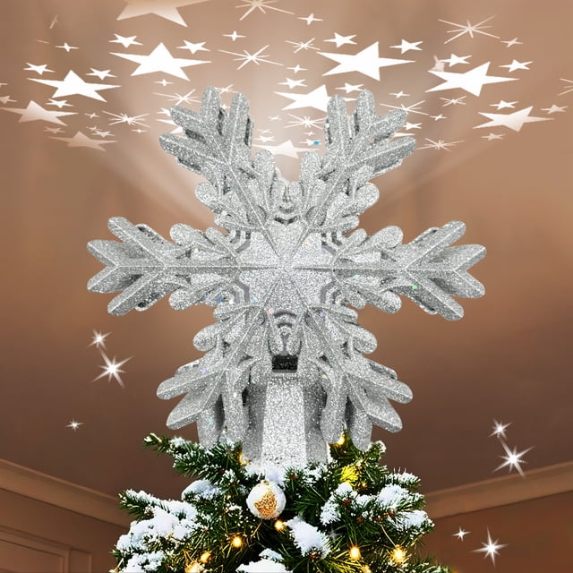 PUCACHI Silver Star Tree Topper with LED Rotating Star Projector Light ...
