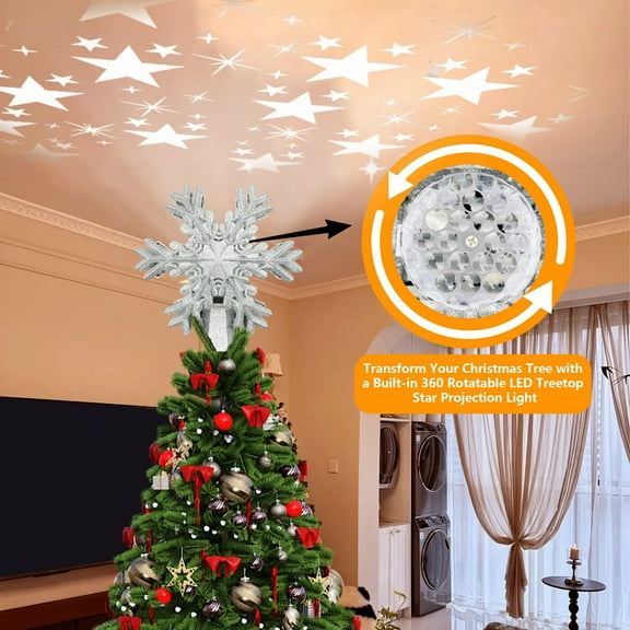 PUCACHI Silver Star Tree Topper with LED Rotating Star Projector Light for Indoor Outdoor Christmas Decoration