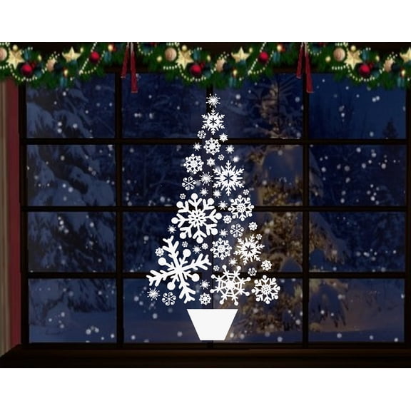 Snowflake Christmas Tree ~ Wall or Window Decal 13" x 24" White