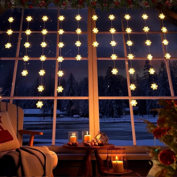 Snowflake Christmas Window Lights, 50 LED Battery Operated Curtain Light With Timer, 8 Modes Xmas Decoration Indoor Hanging Light for Window Bedroom Wall, Warm White