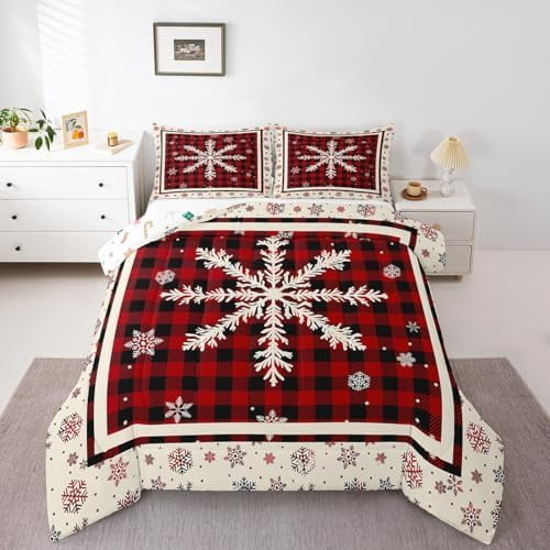 Snowflake Comforter Queen Winter Holiday Christmas Quilt Bedding Set Red Black Rustic Farmhouse Buffalo Plaid Comforter Set for Kids Adults Xmas Checkerd Grids Bed Set 3 Pcs