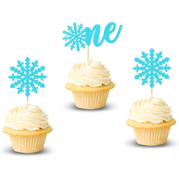Snowflake Cupcake Toppers, Blue Glitter, 1st Birthday Winter Onederland Party Decorations, 12 Pieces