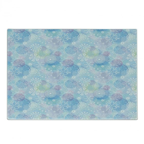 Snowflake Cutting Board, Bokeh Style Background with Abstract Snowflake Pattern Winter Themed Composition, Decorative Tempered Glass Cutting and Serving Board, Small Size, Multicolor, by Ambesonne
