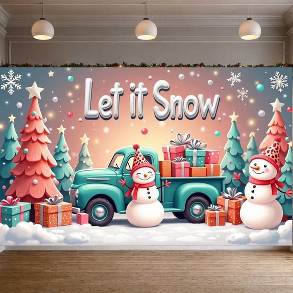 Snowflake Design Christmas Banner Colorful Trees Let it Snow Banner Gift Truck Happy Snowman Winter Banner for Christmas Party Winter Celebration Indoor Decoration