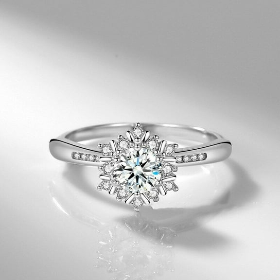 Snowflake Design Diamond Ring, Halo Diamond Engagement Ring, Solitaire With Accents Wedding Ring, Women's Promise Ring, 2.2 Ct Simulated Diamond, 925 Sterling Silver