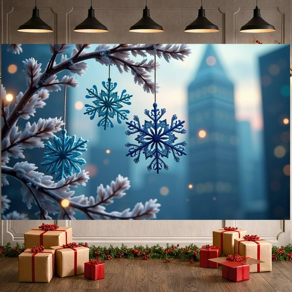 Snowflake Design Winter Banner Castle Pattern Frozen Backdrop Blue White Color Lighted Decoration Snow Scene Display for Christmas Party Winter Celebration Photo Shoot