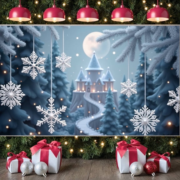 Snowflake Design Winter Banner Castle Pattern Frozen Backdrop Blue White Color Lighted Decoration Snow Scene Display for Christmas Party Winter Celebration Photo Shoot
