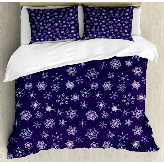 Snowflake Duvet Cover Set, Pattern of Continuous Purple Toned Monochrome Modern Motifs Winter, Decorative 3 Piece Bedding Set with 2 Pillow Shams, Calking Size, Indigo and Pastel Purple, by Ambesonne