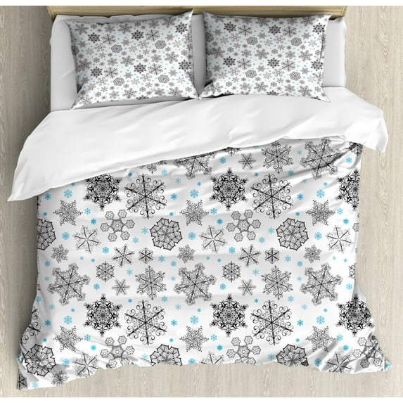 Snowflake Duvet Cover Set Queen Size, Lace Style Arrangement of Snowflakes Winter Season Christmas Illustration, Decorative 3 Piece Bedding Set with 2 Pillow Shams, Blue Black White, by Ambesonne