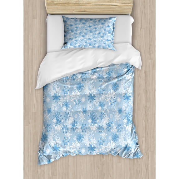 Snowflake Duvet Cover Set Twin Size, Winter Holiday Illustration Christmas Snowflakes on Abstract Background, Decorative 2 Piece Bedding Set with 1 Pillow Sham, Pale Blue White, by Ambesonne