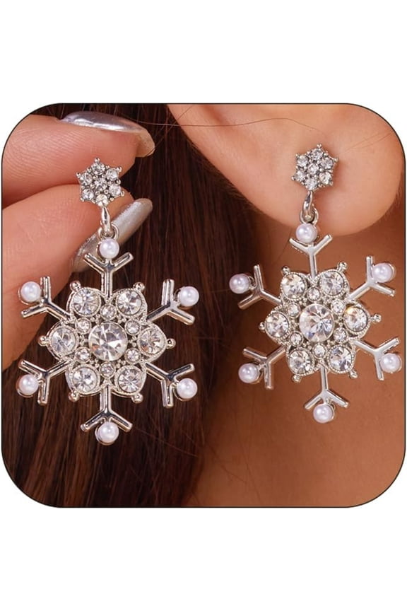 Snowflake Earrings for Women - Silver Rhinestone Drop Earrings, Pearl Winter Jewelry, Christmas Holiday Earrings