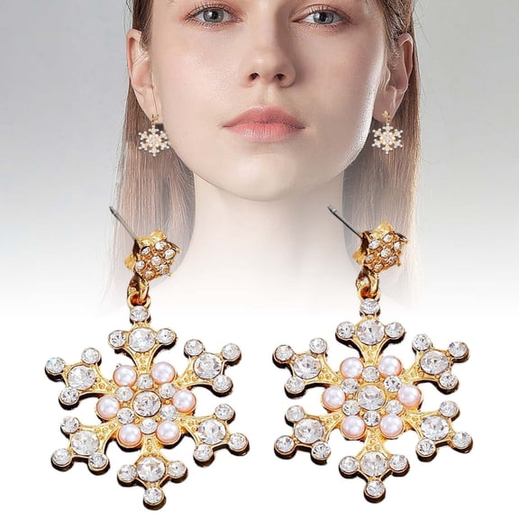 Snowflake Earrings for Women, Silver Rhinestone & Pearl Drop Dangle Earrings, Sparkling Winter Earrings for Christmas Holiday Party Jewelry Gifts