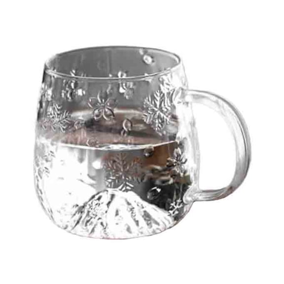 Snowflake Embossed Glass Mug with Mountain Bottom, 16.5oz Clear Borosilicate Glasses Christmas Cup with Handle
