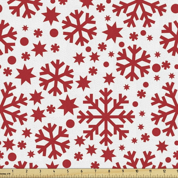 Snowflake Fabric by the Yard Upholstery, Stars 7 Pointed Stars and Dots Pattern Abstract Motifs New Year Illustration, Decorative Fabric for DIY and Home Accents, 10 Yards, Red White by Ambesonne