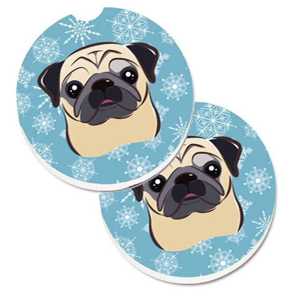 Snowflake Fawn Pug Set of 2 Cup Holder Car Coaster