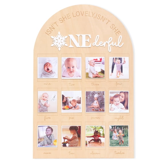 Snowflake First Birthday Photo Board - Personalized 'Winter Onederland' Milestone Board for Boys & Girls, 1st Birthday Party Decor, Wooden Picture Display with 12 Months Baby Memories Y101