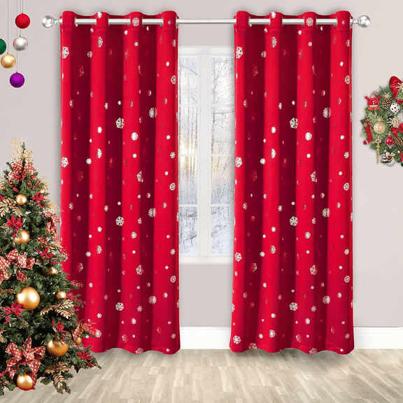 Snowflake Foil Print Christmas Curtains for Living Room and Bedroom - Thermal Insulated Blackout Curtains, Noise Reducing Window Drapes, 52 x 63 Inches Long, Red, Set of 2 Curtain Panels