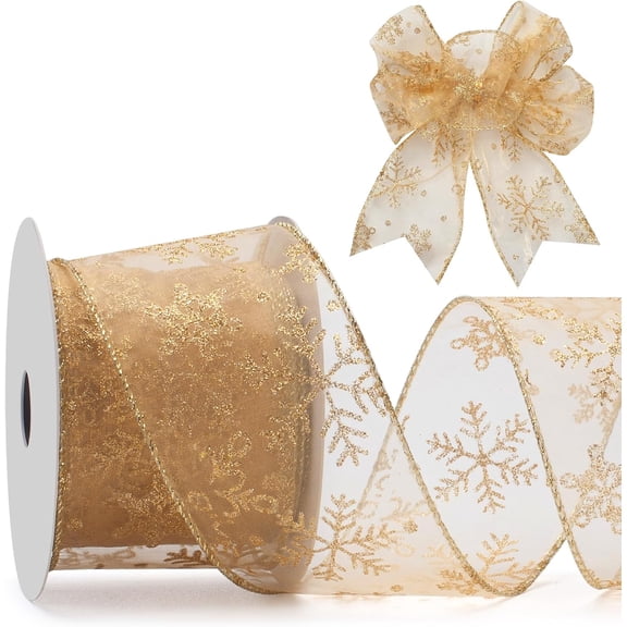 Snowflake Glitter Wired Ribbon for Christmas Tree, Gift Wrapping, 2.5 Inch x 10 Yards Sheer Organza Ribbon with Glitter Snowflake Pattern for Crafts, Bows Making, Garlands