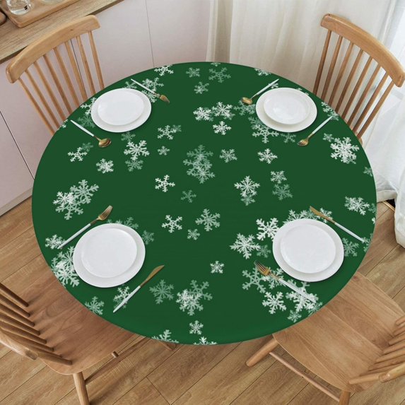 Snowflake Green Round Tablecloth with Elastic Edge Table Cover Waterproof Reusable Table Cloth for Holiday Kitchen Party Patio,S(40"-44")