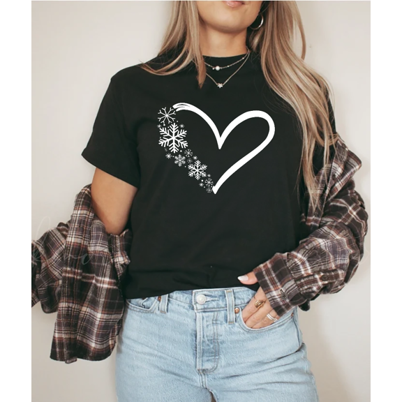 Snowflake Heart Minimal Winter Love Holiday Theme Graphic Unisex T-Shirt V10154, up to Size 5XL