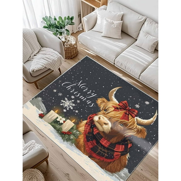 Snowflake Highland Cow Area Rug for Bedroom 4x6 Ft Candle Pine Tree Merry Christmas Super Soft fuzzy Throw Rug Non-Slip Fluffy Plush Indoor Floor Carpet for Living Room Nursery Home Decor