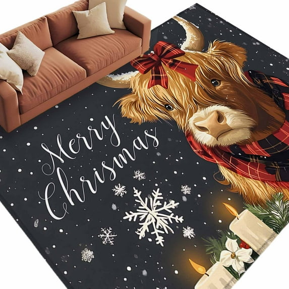 Snowflake Highland Cow Area Rug 5x7ft Candle Pine Tree Merry Christmas Non-Slip Washable Square Rugs Soft Felt Indoor Floor Mat for Bedroom Kitchen Living Room Bathroom