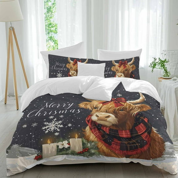 Snowflake Highland Cow Comforter Set California King Size, Candle Pine Tree Merry Christmas Soft Bedding Set for Man Woman, 4 Pieces Duvet Cover Set with Fitted Sheet, 2 Pillowcases